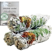 AncientVeda White Sage with Flowers Pack of 3 Smudge Bundles & Smudging Guide for Smudging, Cleansing, Meditation, Purification