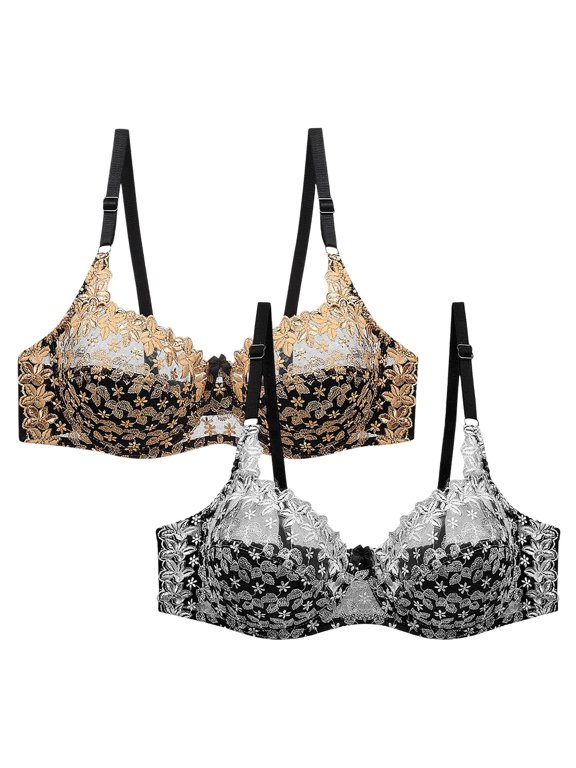 2PCS Plus‑Size Lace Bra for Women Floral Underwire Everyday Bra, Unlined Thin Cup Support Bra With Adjustable Straps