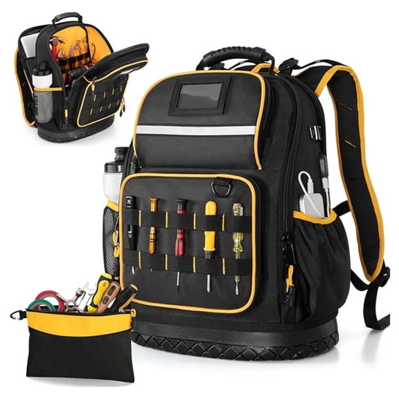 Anckoeil Heavy Duty Tool Backpack, 1680D Waterproof Tool Bag with Hard Bottom & Tool Pouch, 15.6" Laptop Sleeve, Multiple Pockets for Electrician, Construction, HVAC & Camping