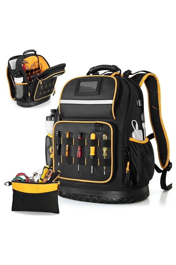 Heavy Duty Tool Backpack, 1680D Waterproof Tool Bag with Hard Bottom & Tool Pouch, 15.6" Laptop Sleeve, Multiple Pockets for Electrician, Construction, HVAC & Camping
