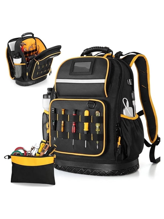 Heavy Duty Tool Backpack, 1680D Waterproof Tool Bag with Hard Bottom & Tool Pouch, 15.6" Laptop Sleeve, Multiple Pockets for Electrician, Construction, HVAC & Camping
