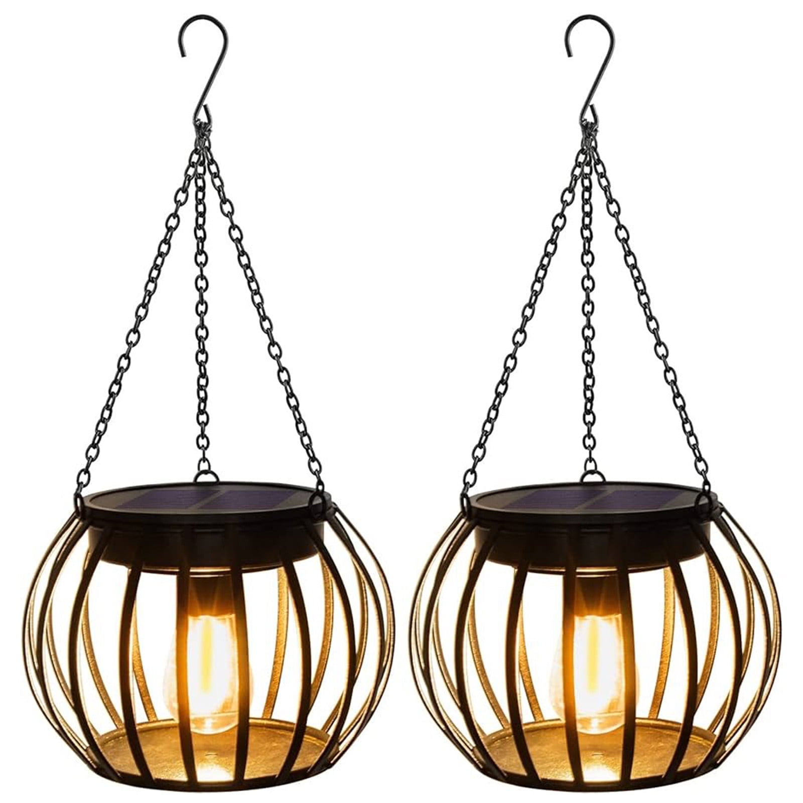 Black Metal Solar Powered Hanging Lanterns, 2-Pack