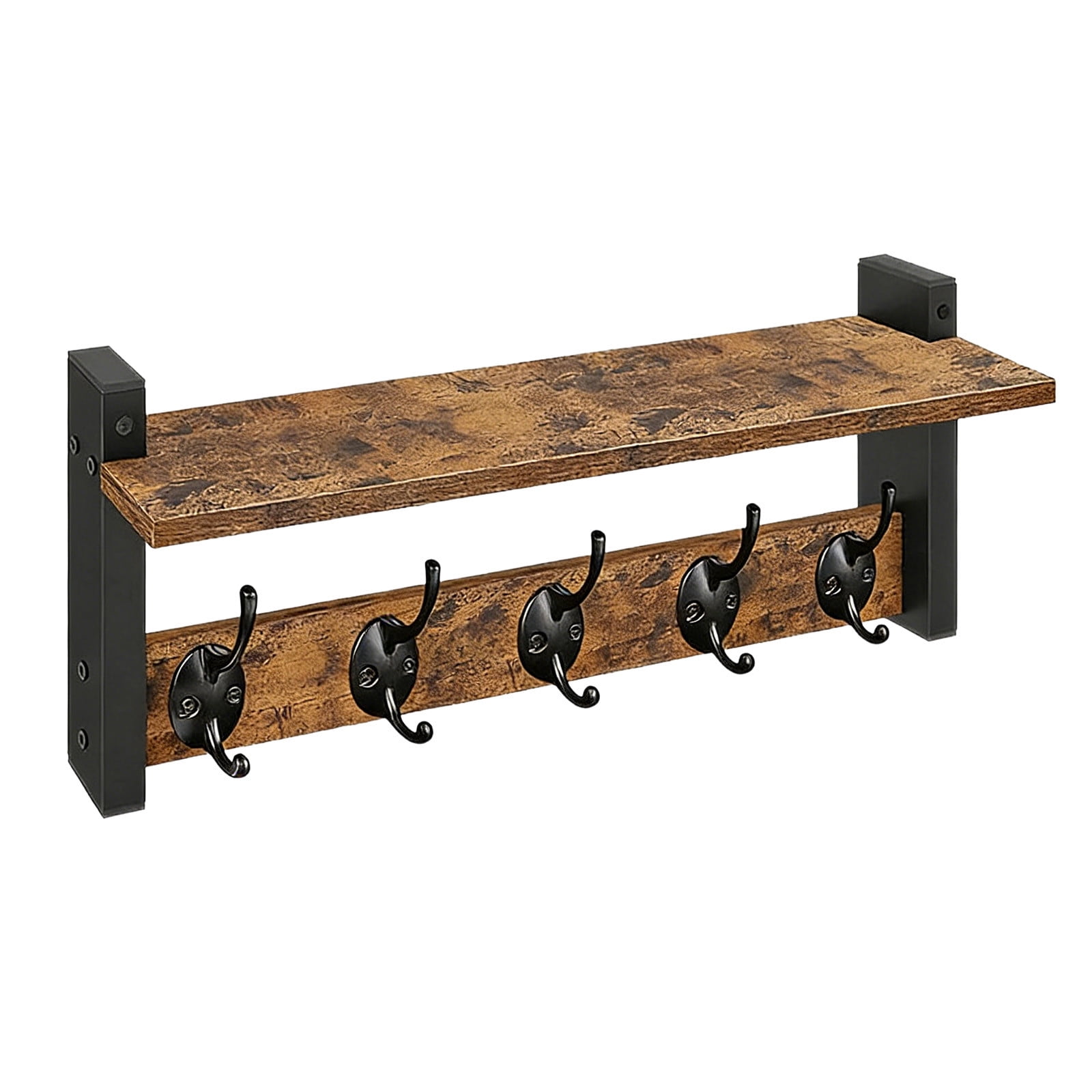 Anckoeil Wall Mounted Storage Shelves with 5 Hooks, Rustic Wood & Metal Floating Shelf, 17.13 x 1.57 x 7.28 in Multi-Purpose Organizer for Bathroom Entrance Living Room