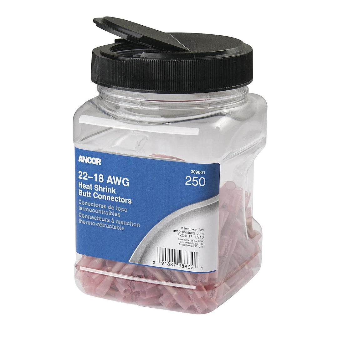 Ancor 309001 Red 22-18 Wire Range Marine Grade Heat Shrink Butt Connectors - 250 Pack