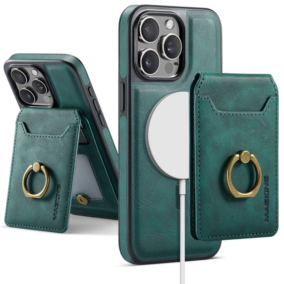 Ancove Back Case for iPhone 13, Slim Leather Detachable 2 in 1 Wallet Wireless Charging Ring Holder Kickstand RFID Blocking Card Holder Magnetic Protective Case for iPhone 13,Green