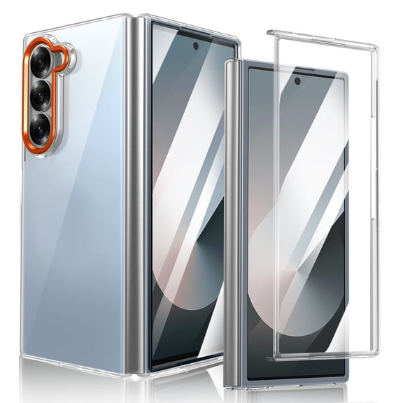 Ancove Clear Case for Samsung Galaxy Z Fold 6 with Front Built-in Tempered Glass Screen Protector, Metal Lens Guard, Scratch Resistant Hard PC Back Bumper Protective Cover for Galaxy Z Fold6,Orange