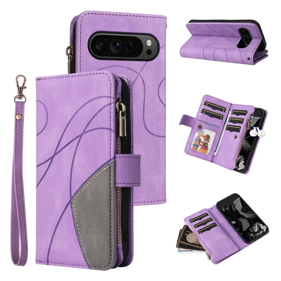 Ancove for Google Pixel 9 Pro XL Case Wallet with Card Holder Slots Zipper Pocket, Magnetic Closure PU Leather Flip Cover with Wrist Strap for Pixel 9 Pro XL (2024),Purple