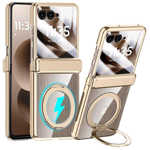 Ancove for Motorola Razr 2025 / Razr 2024 Case with Magnetic Ring Stand, Crystal Clear Phone Case Rear Screen Protector Hinge Protection Full-Body Anti-Scratch Case for Motorola Razr 2025/2024,Gold