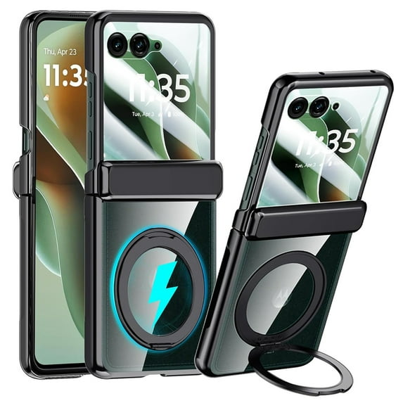 Ancove for Motorola Razr 2025 / Razr 2024 Case with Magnetic Ring Stand, Crystal Clear Phone Case Rear Screen Protector Hinge Protection Full-Body Anti-Scratch Case for Motorola Razr 2025/2024,Black