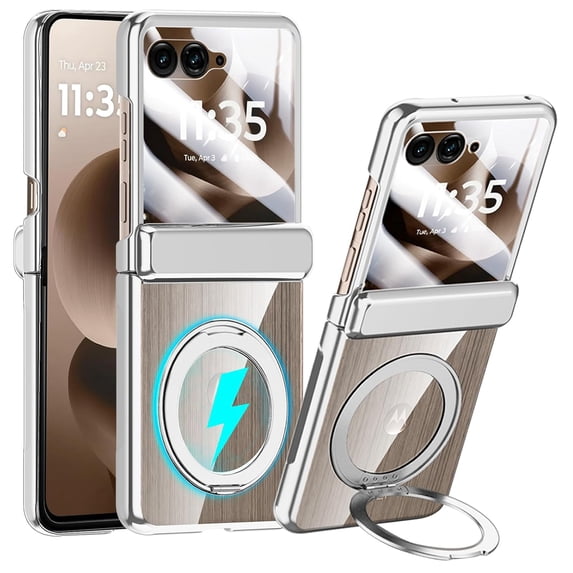 Ancove for Motorola Razr 2025 / Razr 2024 Case with Magnetic Ring Stand, Crystal Clear Phone Case Rear Screen Protector Hinge Protection Full-Body Anti-Scratch Case for Motorola Razr 2025/2024,Silver