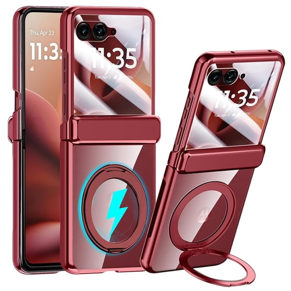 Ancove for Motorola Razr 2025 / Razr 2024 Case with Magnetic Ring Stand, Crystal Clear Phone Case Rear Screen Protector Hinge Protection Full-Body Anti-Scratch Case for Motorola Razr 2025/2024,Red
