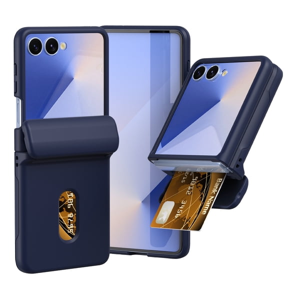 Ancove for Samsung Galaxy Z Flip 7 Hard PC Card Holder Wallet Case with Full Body Hinge Protection Shockproof Heavy Duty Anti-Fingerprint Frosted Slim Cover for Women Men,Darkblue