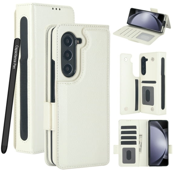 Ancove for Samsung Galaxy Z Fold 6 Case Wallet with 6-Card Slots Holder RFID Blocking, Z Fold 6 Wallet Case with S Pen Holder & Stylus, PU Leather Flip Folio Case for Samsung Galaxy Z Fold 6,White