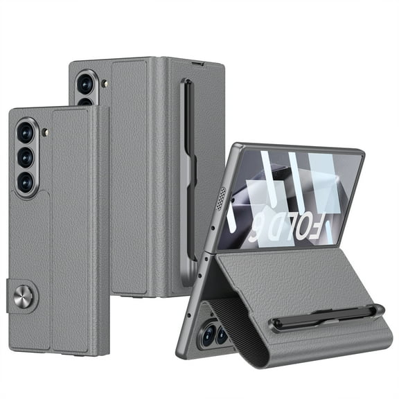 Ancove Slim Fit for Z Fold 6 Case with S Pen Slot & Card Slot, Built-in Screen Protector Kickstand Full-Body Protection Anti-Scratch Magnetic Closure Leather Wallet Case,Gray