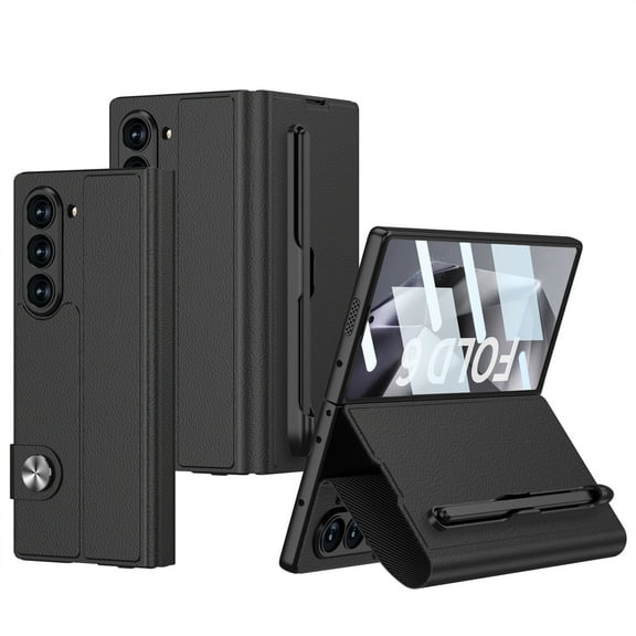 Ancove Slim Fit for Z Fold 6 Case with S Pen Slot & Card Slot, Built-in Screen Protector Kickstand Full-Body Protection Anti-Scratch Magnetic Closure Leather Wallet Case,Black