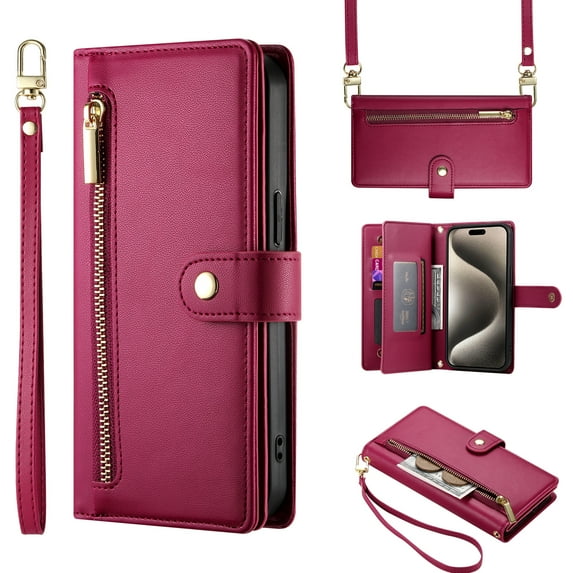 Ancove Wallet Case for iPhone 12 / 12 Pro 6.1 Inch, Premium PU Leather Zipper Flip Folio Wallet with Wrist/Shoulder Strap Kickstand Protective Case,Red