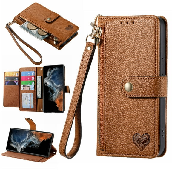 Ancove for iPhone 12 Pro / 12 6.1" Wallet Case with Card Holder & Wrist Strap,Cute PU Leather RFID Blocking Love Heart Pattern Kickstand Zipper Purse Flip Case Cover for Women Girls,Brown