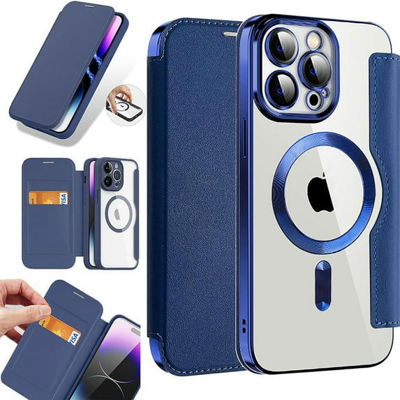 Ancove for iPhone 12 Wallet Case with Card Holder,Magnetic Mag Safe RFID Blocking PU Leather Clear Back Full Body Protective Case Cover for iPhone 12,Darkblue