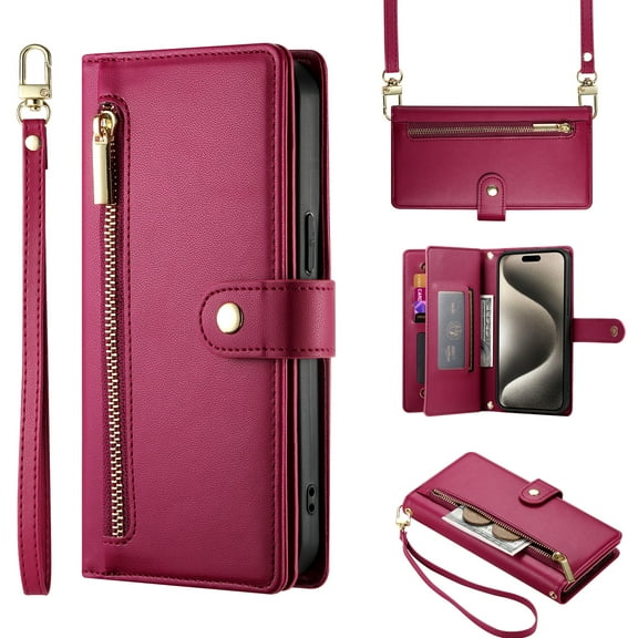 Ancove for iPhone 13 Case Wallet with 9-Card Slots Holder, iPhone 13 Wallet Case Crossbody Handbag Strap for Women Men with Zipper Pocket Book Flip PU Leather Protective Cover,Red