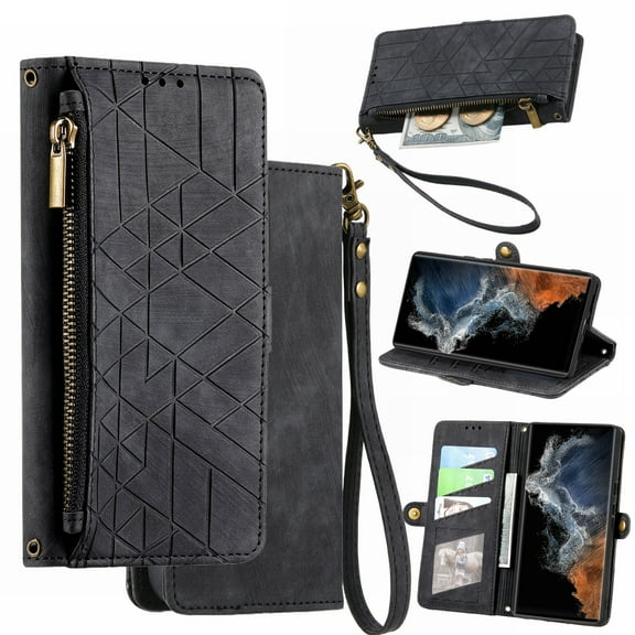 Ancove for iPhone 13 Mini Wallet Cover with Wrist Strap,Elegant PU Leather Credit Card Holder Kickstand Zipper Flip Full Body Protective Case Cover for iPhone 13 Mini,Black