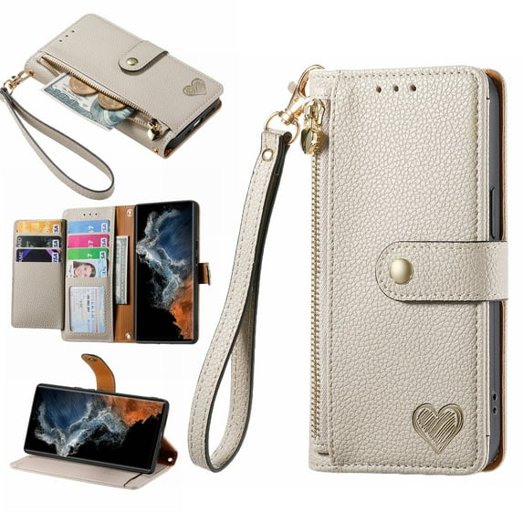 Ancove for iPhone 13 Pro Wallet Case with Card Holder & Wrist Strap,Cute PU Leather RFID Blocking Love Heart Pattern Kickstand Zipper Purse Flip Case Cover for Women Girls,Gray