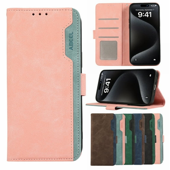 Ancove for iPhone 13 Wallet Case with Card Holder Kickstand,RFID Blocking PU Leather Shockproof Splicing Color Flip Case Cover for iPhone 13,Pink+Cyan