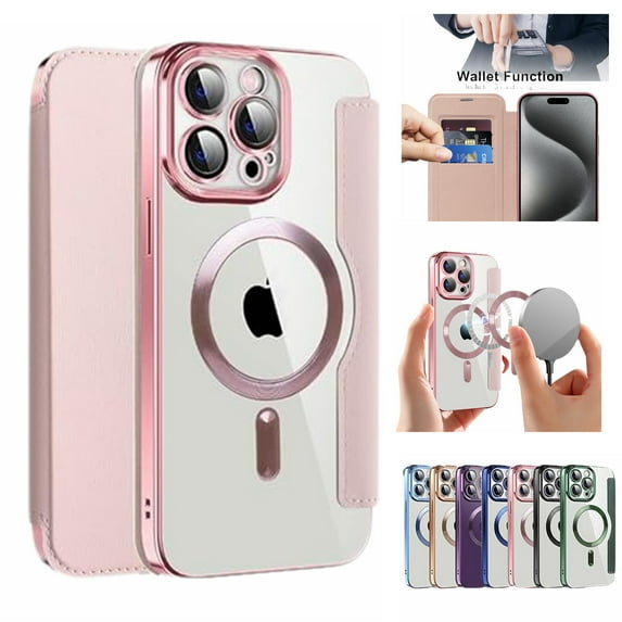 Ancove for iPhone 13 Wallet Case with Card Holder,Magnetic Mag Safe RFID Blocking PU Leather Clear Back Full Body Protective Case Cover for iPhone 13,Pink