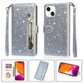 thumbnail image 1 of Ancove for iPhone 13 Wallet Case with Card Holder & Strap,Glitter Bling PU Leather Shockproof Magnetic Kickstand Zipper Pocket Flip Case Cover for Apple iPhone 13,Silver, 1 of 6