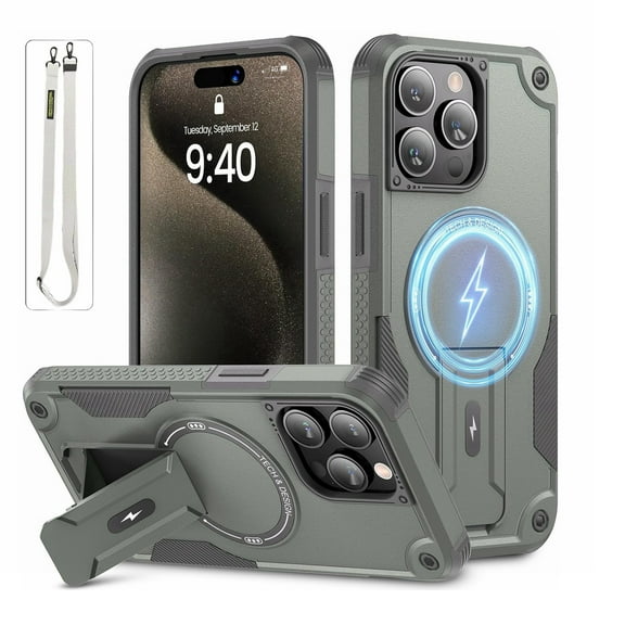 Ancove for iPhone 14/13 Magnetic Case with Kickstand & Lanyard Strap,[Compatible with Mag Safe] Military-Grade Protection Heavy Duty Shockproof Rugged Cover for iPhone 14/13,Grey