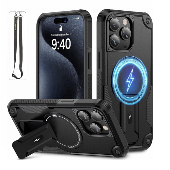 Ancove for iPhone 14/13 Magnetic Case with Kickstand & Lanyard Strap,[Compatible with Mag Safe] Military-Grade Protection Heavy Duty Shockproof Rugged Cover for iPhone 14/13,Black