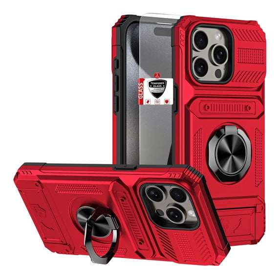 Ancove for iPhone 14 Pro Max Armor Case with Screen Protector & Card Holder & Magnetic Ring Kickstand,Dual Layer Heavy Duty Shockproof Wallet Case Cover for iPhone 14 Pro Max 6.7",Red