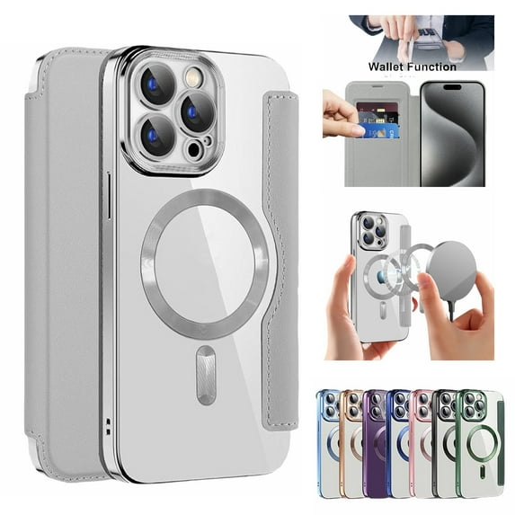 Ancove for iPhone 14 Pro Max Wallet Case with Card Holder,Magnetic Mag Safe RFID Blocking PU Leather Clear Back Full Body Protective Case Cover for iPhone 14 Pro Max,Grey