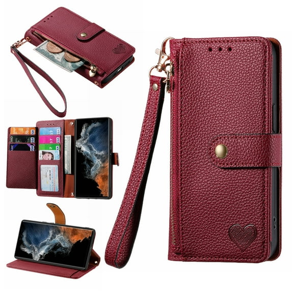 Ancove for iPhone 14 Pro Wallet Case with Card Holder & Wrist Strap,Cute PU Leather RFID Blocking Love Heart Pattern Kickstand Zipper Purse Flip Case Cover for Women Girls,Red