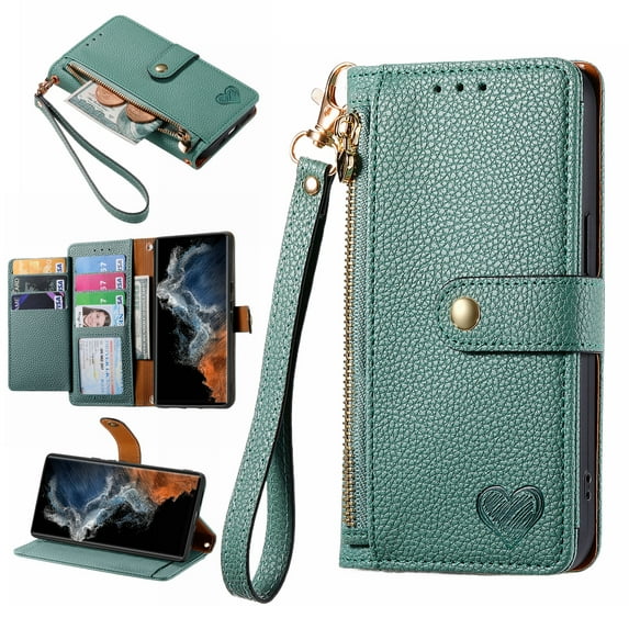 Ancove for iPhone 14 Pro Wallet Case with Card Holder & Wrist Strap,Cute PU Leather RFID Blocking Love Heart Pattern Kickstand Zipper Purse Flip Case Cover for Women Girls,Green