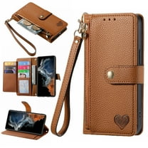 Ancove for iPhone 14 Wallet Case with Card Holder & Wrist Strap,Cute PU Leather RFID Blocking Love Heart Pattern Kickstand Zipper Purse Flip Case Cover for Women Girls,Brown