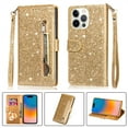 thumbnail image 1 of Ancove for iPhone 15 Plus Wallet Case with Card Holder & Strap,Glitter Bling PU Leather Shockproof Magnetic Kickstand Zipper Pocket Flip Case Cover for Apple iPhone 15 Plus/15+,Gold, 1 of 7