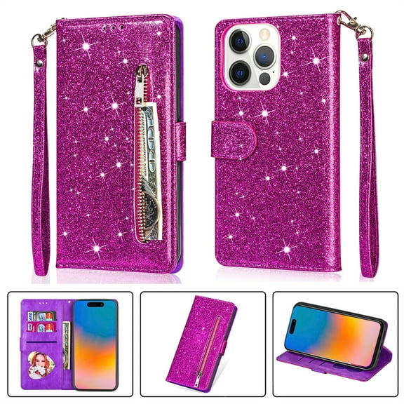 Ancove for iPhone 15 Plus Wallet Case with Card Holder & Strap,Glitter Bling PU Leather Shockproof Magnetic Kickstand Zipper Pocket Flip Case Cover for Apple iPhone 15 Plus/15+,Purple