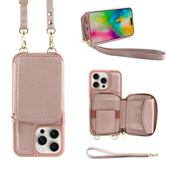 Ancove for iPhone 15 Pro RFID Blocking Wallet Case , Adjustable Crossbody Zipper Purse Case Card Holder with Kickstand Detachable Wrist Strap, PU Leather Flip Folio Case for Women,Rosegold