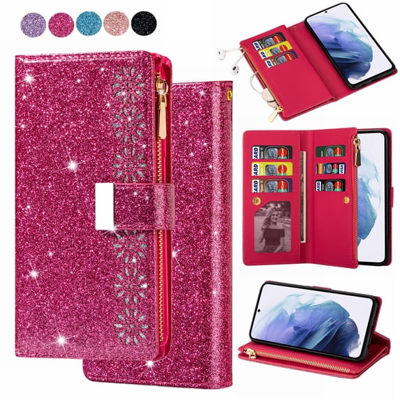 Ancove for iPhone 15 Wallet Case with Card Holder & Wrist Strap & Kickstand,Sparkle Glitter Shockpoorf PU Leather Zipper Purse Flip Case Cover for Women Girls, Purple