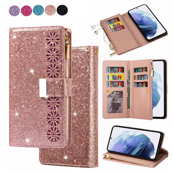 Ancove for iPhone 15 Wallet Case with Card Holder & Wrist Strap & Kickstand,Sparkle Glitter Shockpoorf PU Leather Zipper Purse Flip Case Cover for Women Girls, Rose