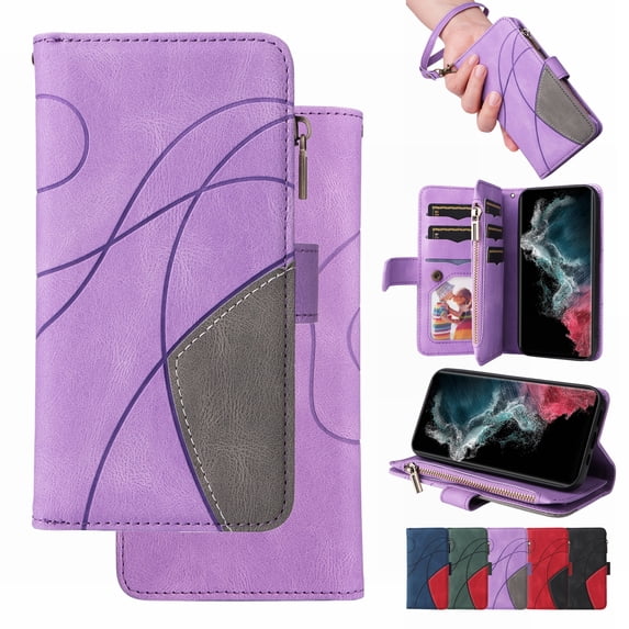 Ancove for iPhone 15 Wallet Case with Card Slots & Wrist Strap,PU Leather Magnetic Closure Shockproof Kickstand Zipper Poket Flip Case Cover for iPhone 15,Purple
