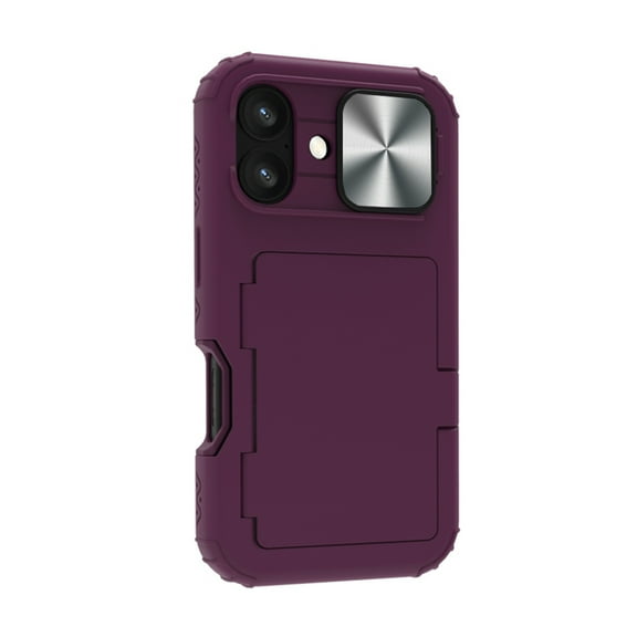 Ancove for iPhone 16 Plus Case with Card Holder (2 Cards) & Slide Camera Cover & Kickstand & Hidden Mirror, Three Layer Shockproof Heavy Duty Protection All-Round Armor Protective Case,Purple