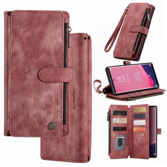 Ancove for iPhone 7 / 8 / SE 2022 & 2020 Wallet Case with Credit Card Holder & Wrist Strap,PU Leather Kickstand Magnetic Closure Zipper Pocket Flip Folio Case Cover,Red