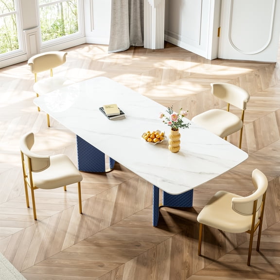 And Beautiful Stainless Steel Dining Table With Rock Plate & Chic Woven Leather - 36.21 In Wide Snow Mountain Stylish