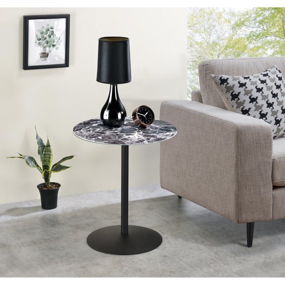 And Compact 17.5" End Table With A Marble Textured Appearance Black Surface Unwavering Steel Base
