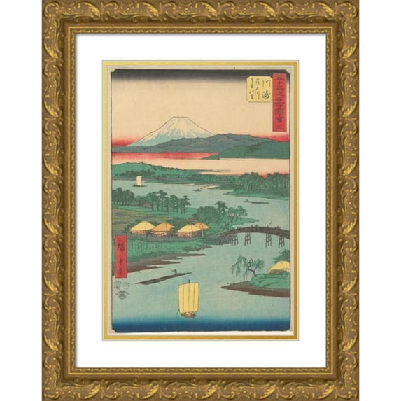 Andō Hiroshige 11x14 Gold Ornate Wood Frame and Double Matted Museum Art Print Titled - Kawasaki (1855)