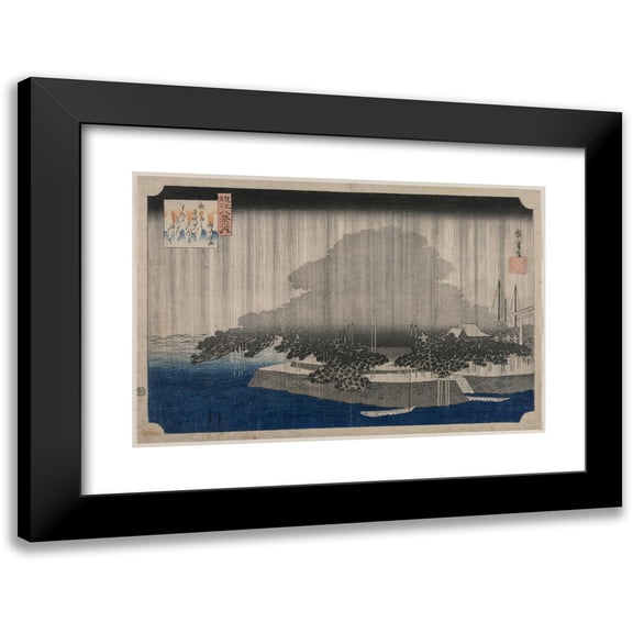 Andō Hiroshige 14x11 Black Modern Framed Museum Art Print Titled - Night Rain at Karasaki, from the Series Eight Views of Omi (C. 1835)