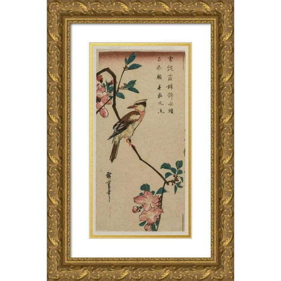 Andō Hiroshige 14x24 Gold Ornate Framed and Double Matted Museum Art Print Titled - Black-Naped Oriole (Korean Warbler) on a Hall Crabapple (1832-35)