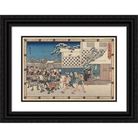 Andō Hiroshige 24x17 Black Ornate Framed Double Matted Museum Art Print Titled: Challenging the Guards (19th Century)