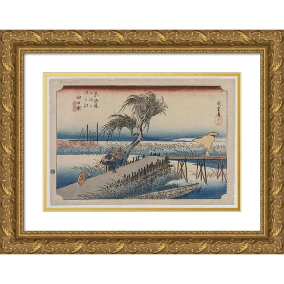 Andō Hiroshige 24x17 Gold Ornate Framed and Double Matted Museum Art Print Titled - Yokkaichi: View of the Mie River, from the Series the Fifty-Three Stations of the Tokaido (C. 1833-34)